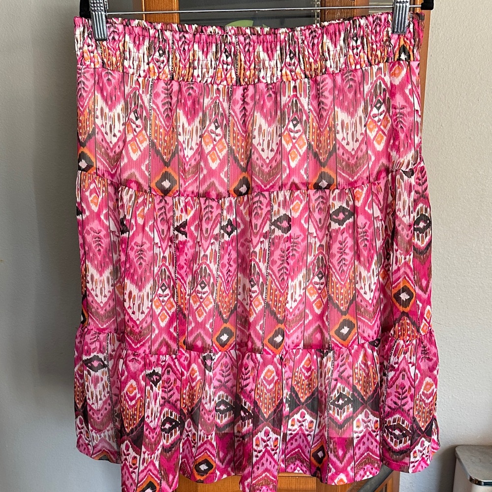 Vintage Vanity Pink Printed Tiered Skirt with Elastic Waist